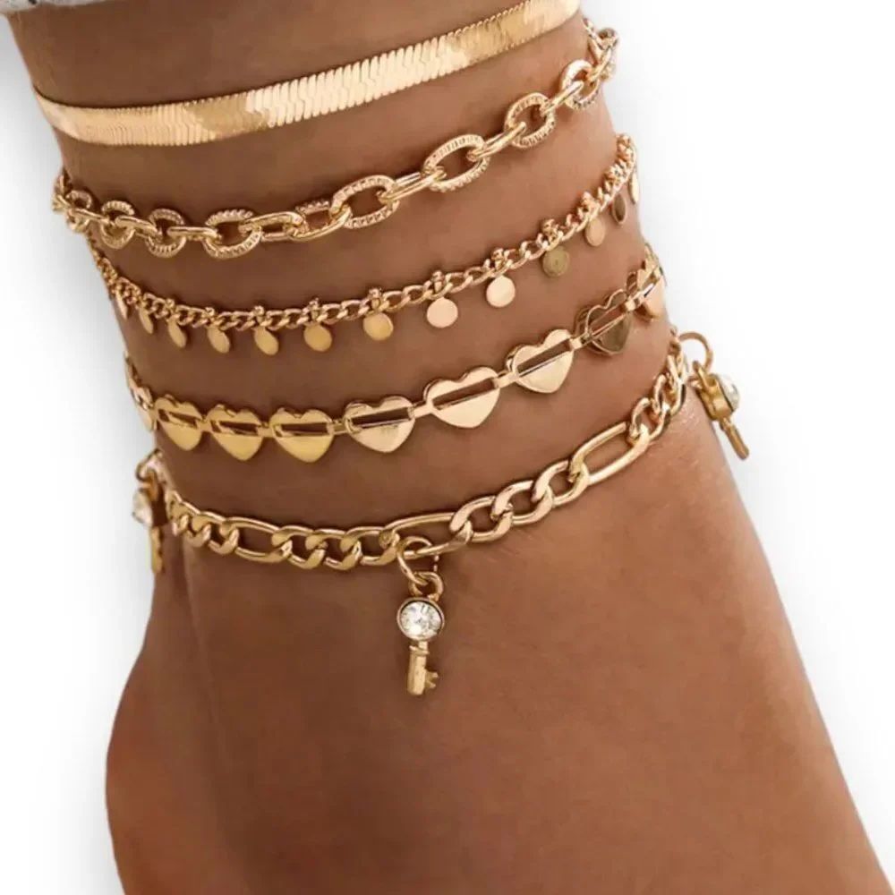 Gold Multi Layer Charming Hearts Keys Anklets Anklet Set 5 Pieces NEW